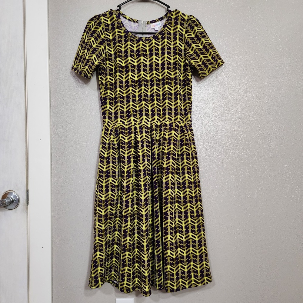 LuLaRoe Dress Women's Size Small Amelia Purple Yellow Textured With Pockets
